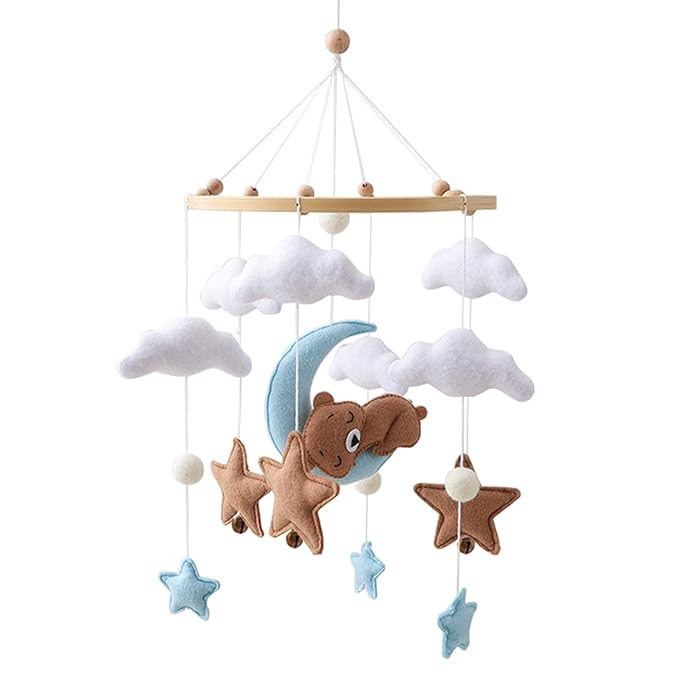 Baby Crib Mobile - Sleeping Bear Mobile for Crib, Felt Cloud Stars Nursery for Boys and Girls, Baby Nursery Hanging Decor (D)