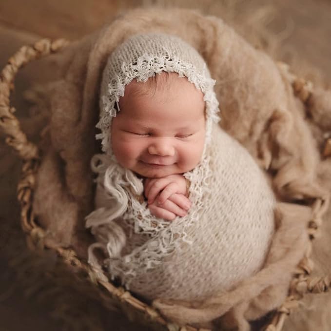 Newborn Infant Baby Boys Girls Photography Props Mohair Hat Wrap Blanket Cloth Set (Creamy-White)