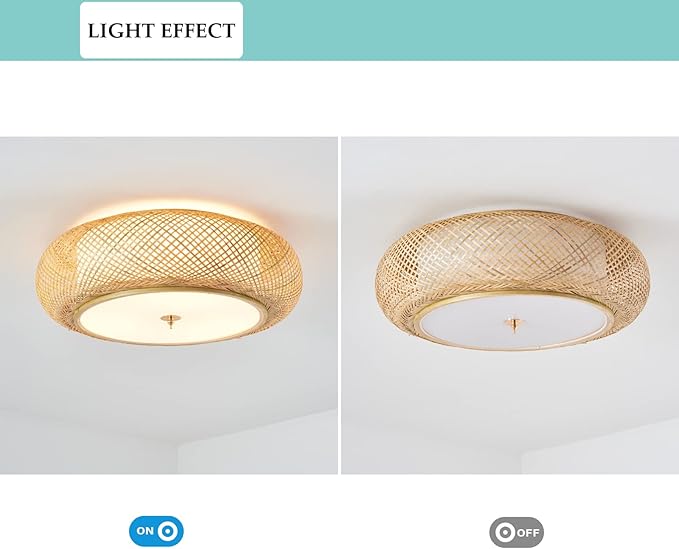 Bamboo Flush Mount Ceiling Light Handwoven Rattan Light Fixture, 3 Lights Boho Ceiling Lamp for Bedroom, Entryway, Foyer (15-inch)