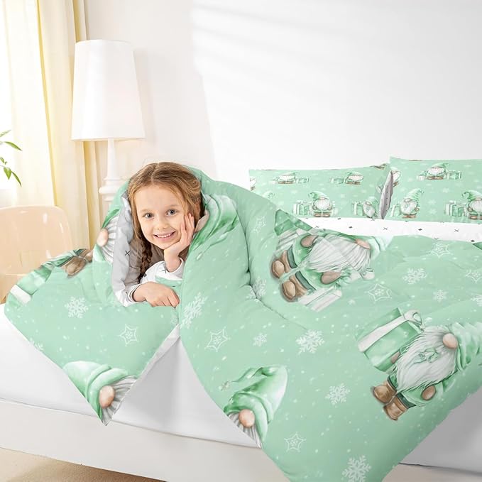 Feelyou Green Christmas Comforter Set All Season Scandinavian Christmas Santa Gnomes Bedding Set with 2 Pillow Cases Xmas Snowflake Kids Full Bedclothes Bedroom Decor Breathable Soft