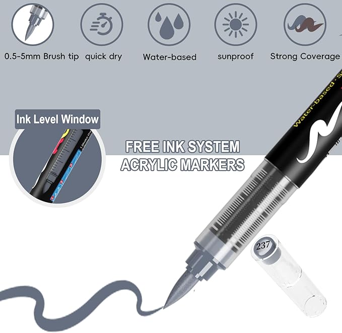 Paint Pens Acrylic Markers - 9 Gray Brown Series Brush Tip Water Based Marker Pens for Rock Painting, Wood, Ceramic, Glass, Acrylic Paint Markers for Egg Pumpkin