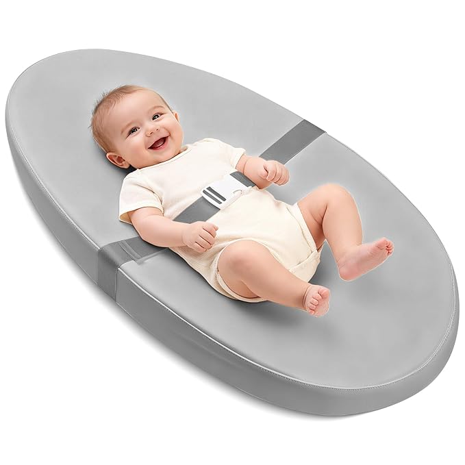 Baby Changing Pad for Dresser, with Wipeable Waterproof PU Cover, Contoured Diaper Changing Pad with Non-Slip Safety Belt, Portable Lightweight Changing Mat with Cushioned Foam, Grey