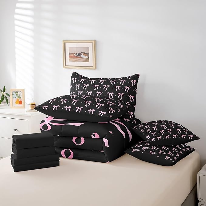 7 Pieces Pink Bowknot Kids Comforter King,Stars Watercolor Bow Tie Patchwork Bedding Set,Butterfly Knot Princess Black Noble Chic（Comforter+Fitted+Flat Sheet+2 Pillowcases+2 Throw Pillow Covers）
