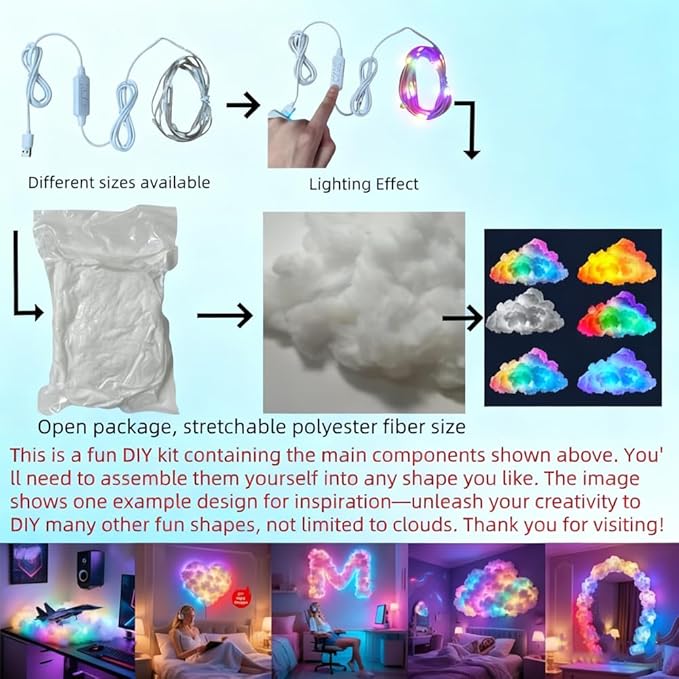 LED Cloud Light with Music Rhythm, 2025 New Cloud Lights for Ceiling,Bedroom,Gaming Room, Music-Sync Dynamic Lighting Effect, Cool Stuff for Boys, For Ceiling Bedroom Office Party (157.48in LED light)