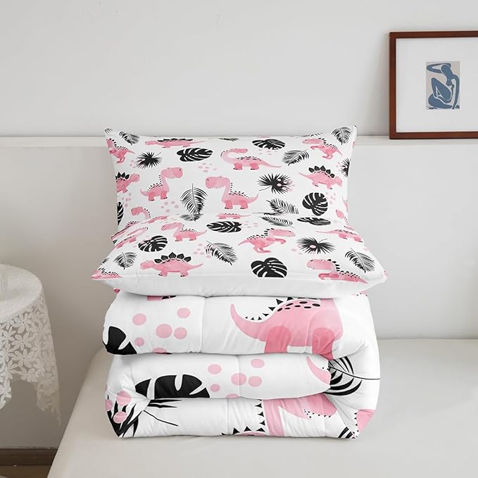 Cartoon Pink Dinosaur Bedding Set for Boys Girls,Palm Leaf Tropical Plants All Season Cozy Comforter Set Full Size,Watercolor Cute Animals Duvet Set Bedroom Decor,Festival Gifts