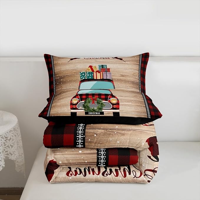Castle Fairy Christmas Plaid Truck Bedding Set for Boys Girls,Snowflake Deer Red Plaid All Season Cozy Comforter Set Full Size,Rustic Farmhouse Brown Wooden Duvet Set Bedroom Decor,Festival Gifts