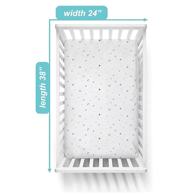 American Baby Company 2 Pack 100% Natural Cotton Fitted Mini Crib Sheets 38" x 24" - Soft & Breathable Small Nesting Portable Sheets, Fits Pack N Play Mattresses, Gray Stars/Zigzag, for Boys & Girls
