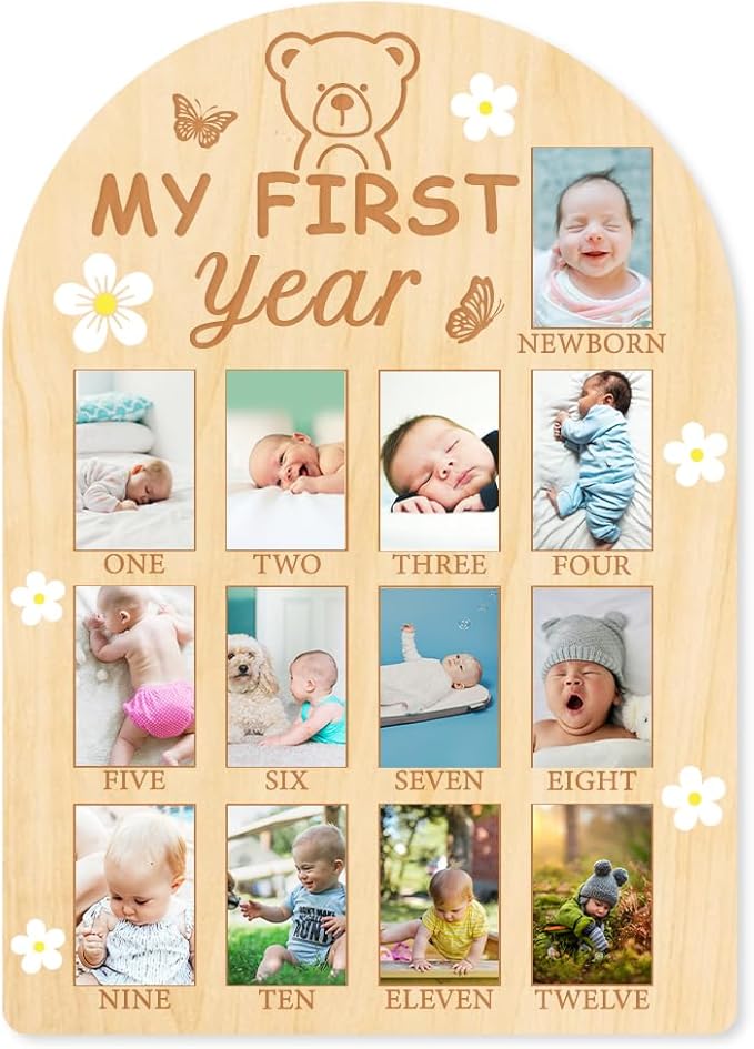 ORIGACH My First Year Baby Growth Photo Display Wood Board - 12 Months Newborn Milestones Photo Board - Neutral Baby Keepsake Frame 1st Birthday Party Nursery Decor New Mom Gift - Bear