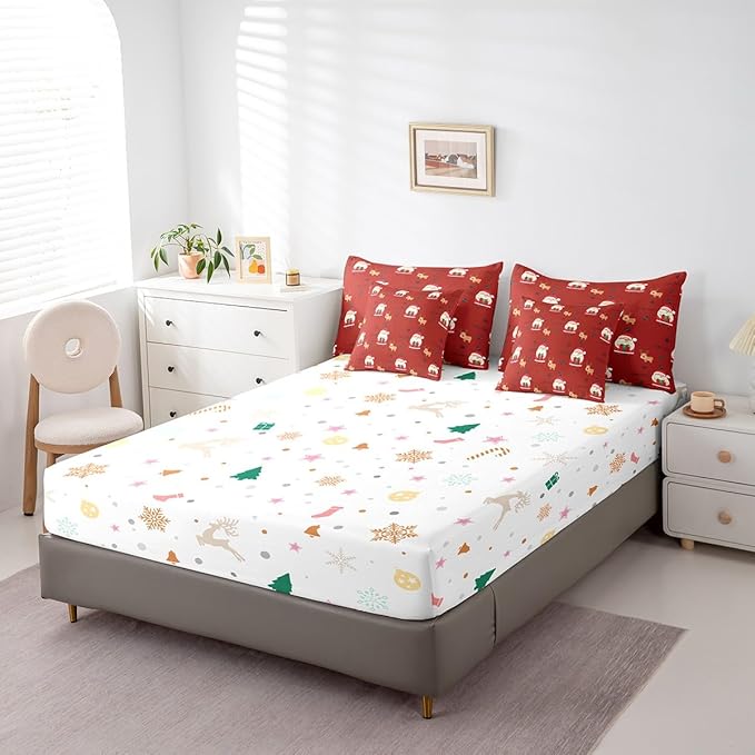 Santa Claus Bed Set Christmas Deer Bed in a Bag for Kids Boys Girls Winter Snowflake Comforter Set with Sheets Merry Christmas Khaki Red Bedding Set Bedroom Collection King Size