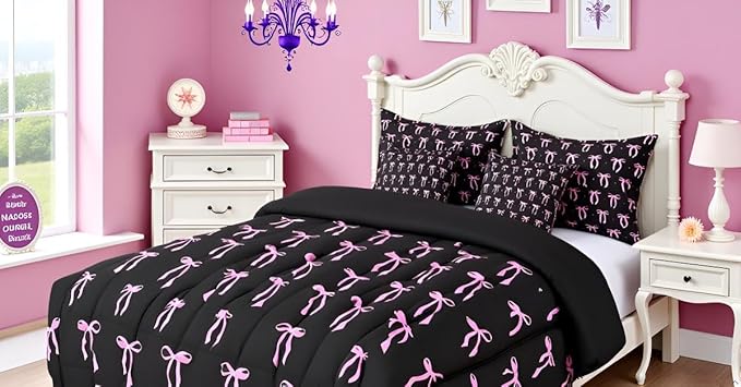 7 Pieces Pink Bowknot Kids Comforter Full,Stars Watercolor Bow Tie Patchwork Bedding Set,Butterfly Knot Princess Black Noble Chic（Comforter+Fitted+Flat Sheet+2 Pillowcases+2 Throw Pillow Covers）