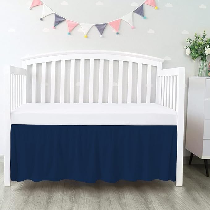 100% Egyptian Cotton, Nursery Crib Toddler (28" x 52" + 14") 800 Thread Count Crib Skirt Dust Ruffle, Bedding Skirts for Baby Boys or Girls, 14" Drop, Navy Blue Solid