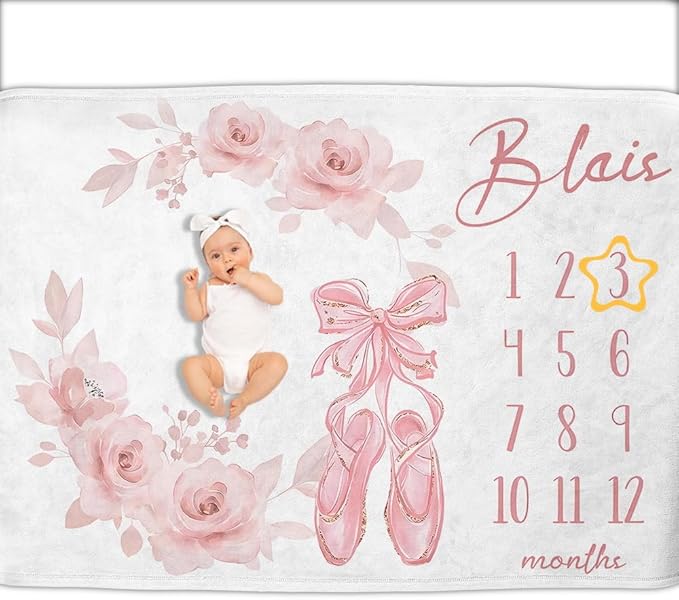 OLIVE OLIVIA Personalized Baby Milestone Blanket, Custom Name, 60"x80", Pink, Floral, Soft Flannel Fleece, Unisex, Winter, Modern, 1 Count