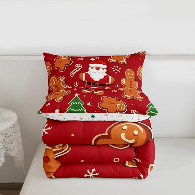 Feelyou Christmas Kids Comforter Set Toddler Size Santa Bedding Set Gingerbread Man Duvet Quilt for Kids Boys Girls Bedroom Xmas Tree Snowflake Decor Microfiber Ultra Soft Breathable
