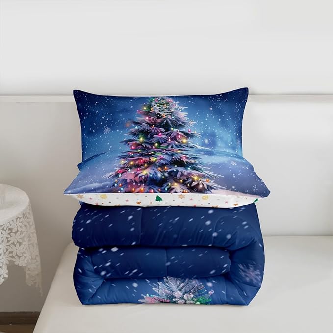 Feelyou Christmas Comforter Set All Season Xmas Tree Bedding Set with 2 Pillow Cases Colored Light Strips Microfiber Kids Full Bedclothes Snowflake Bedroom Decor Duvet Quilt Breathable Soft