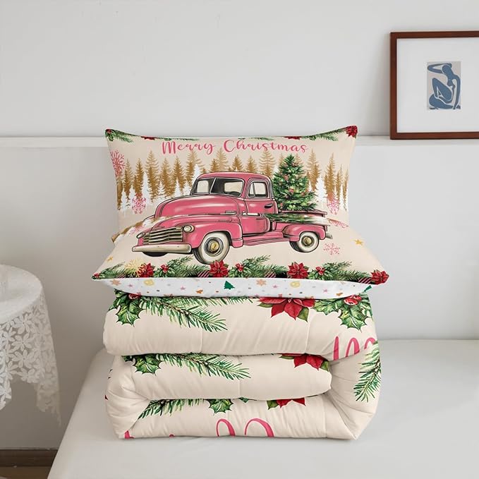Erosebridal Christmas Comforter Sets Merry Xmas Tree Bedding Sets Full Red Truck Painting Down Comforter,Lattice Decor Bed Set for Kids Boys Girls Teens Bedroom Decor,Reversible