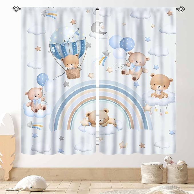 Bear Curtains for Kids Room, Baby Boys Girls Cute Lovely Bear Cloud Boho Rainbow Pastel Blue Window Drapery Treatments for Living Room Bedroom Nursey Toddler Classroom 2 Panels, 63"x72" Inch
