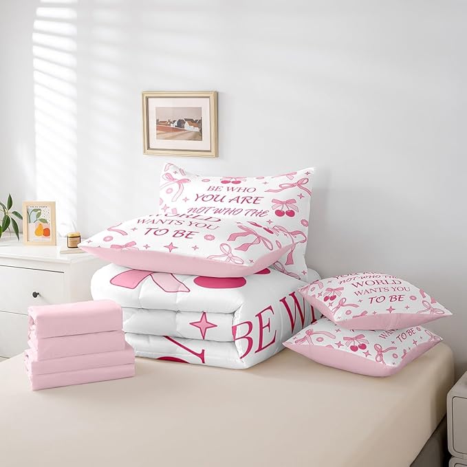7 Pieces Pink Bowknot Kids Comforter Set Full,Cherry Tropical Fruit Cute Princess Bedding Set,Bow Tie Stars Daisy Floral Romantic（Comforter+Fitted+Flat Sheet+2 Pillowcases+2 Throw Pillow Covers）