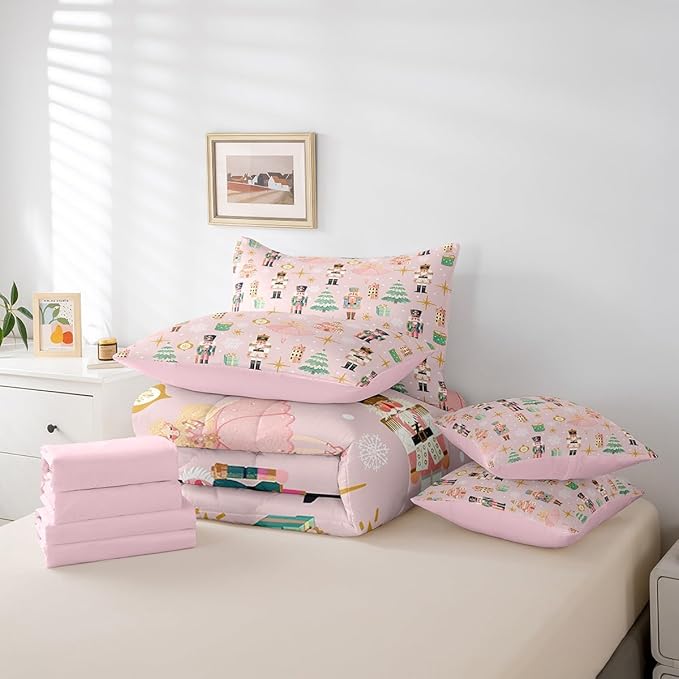 Erosebridal 7Pcs Pink Christmas Comforter Set Twin Size,Christmas Nutcracker Bedding Set,Dreamy Castle Princess Bed in A Bag,Xmas Galaxy Snow Quilt with Flat Fitted Sheet for Kids Boys Girls