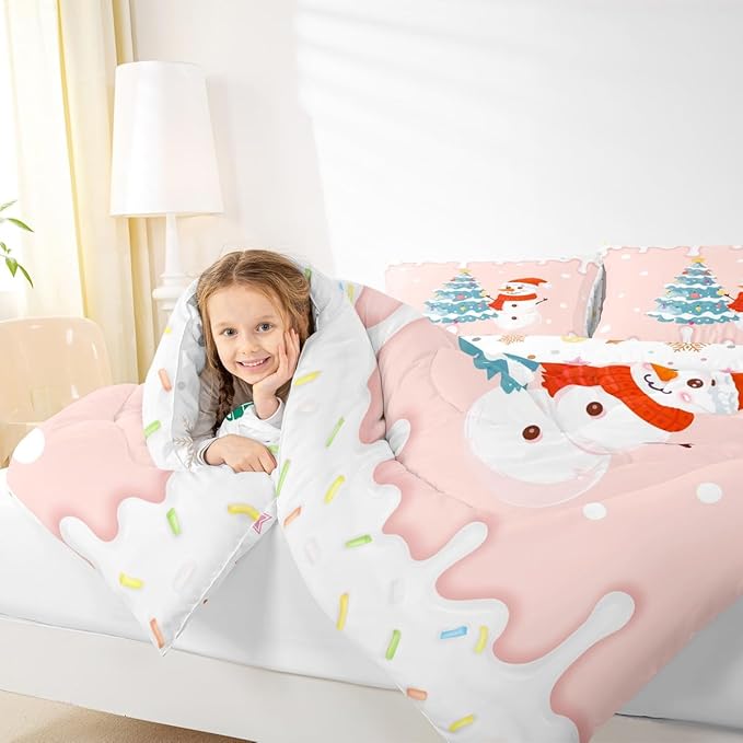 Castle Fairy Cartoon Christmas Comforter Set King Size,Xmas Cute Snowman Pine Trees Bedding Set All Season Quilt Set,Pink Cream Candy Girly Funny Microfiber Polyester Down Comforter