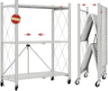 DEANIC 3 Tier Foldable Storage Shelves with Wheels, Kitchen Appliance Stand, Freestanding Metal Wire Shelf Rack, No Assembly Organizer Rolling Cart for Garage, Basement, Pantry(Grey)