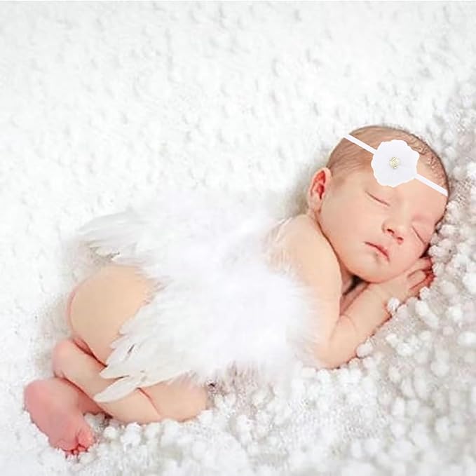 2PCS White Angel Wings With Pearl Chiffon Flower Headband For Newborn Infant Photography Props Soft Fairy Feather Wings For Toddlers Kids Girls Gifts(Color I, One Size)