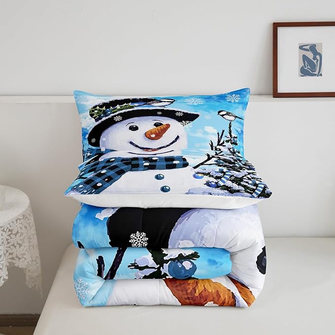 Feelyou Kids Christmas Theme Decorations Bedding Set Xmas Snowman Comforter Set for Boys Girls Cute Comforter Blue Bedroom Collection Queen Size