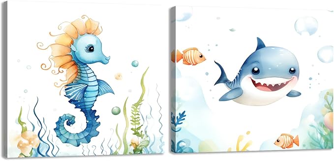 2 Piece Ocean Sea Canvas Wall Art for Nursery Decor - Cute Baby Seahorse Shark Underwater Paintings Pictures Ocean Theme Sea Life Posters Prints for Kids Room Bathroom Decor(Artwork-02, 16"x16"x2P)