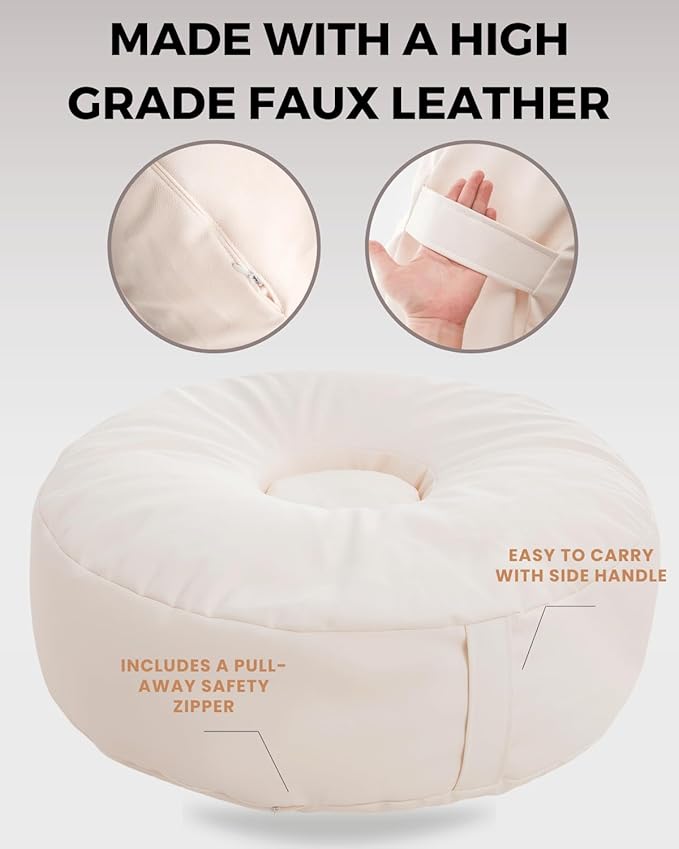 Newborn Photography Beanbag (Unfilled) 32″Donut Style, Travel Size Baby Posing Prop Vegan Leather Posing Pillow Poser Cushion with Handle for Baby Photoshoots, Studio, Home or On-The-Go Use