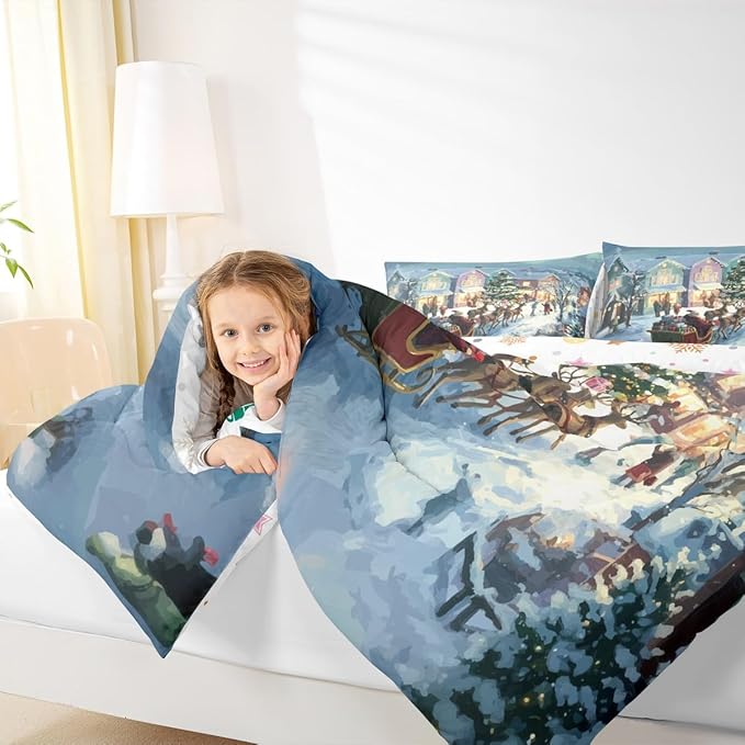 Feelyou Watercolor Christmas Comforter Set Toddler Size Santa Claus Bedding Set for Kids Boys Girls Reindeer Sled Duvet Quilt Xmas Tree Bedroom Decor Microfiber 2 Pcs with 1 Pillow Cases