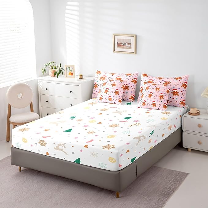 Feelyou Christmas Pink Bed in a Bag Cartoon Christmas Gingerbread Man Comforter Set with Sheets Xmas Theme Bedding Set for Kids Boys Girls Stars Candy Bed Set Decor King Size