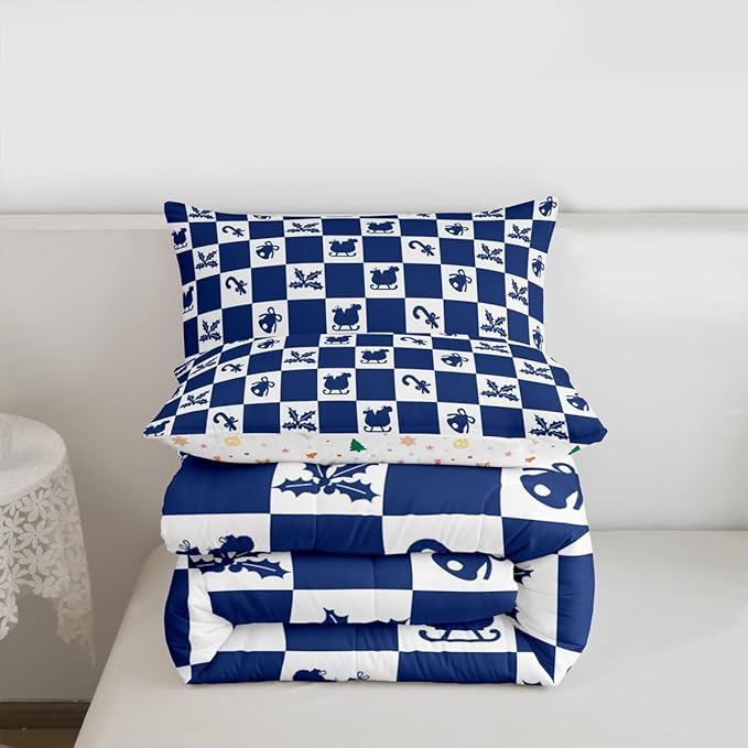 Feelyou Christmas Comforter Set All Season Checkered Pattern Bedding Set with 2 Pillow Cases Holiday Theme Kids King Bedclothes Xmas Decor Room Decor Blue Duvet Quilt Breathable Soft Lightweight