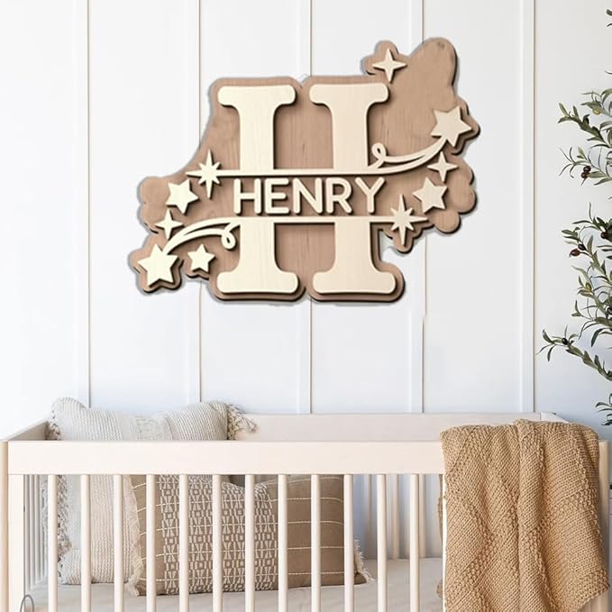 Personalized Nursery Name Sign, Custom Wooden Name Sign with Flowers, 3D Layered Wood Wall Decor for Baby Girl Room, Boho Floral Kids Room Name Plaque, 2 Layer /6