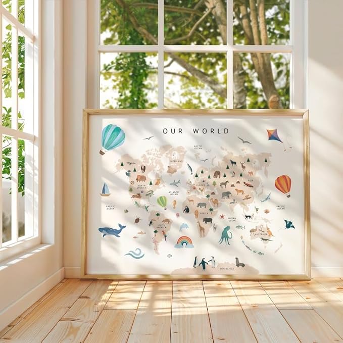 OZCONO Animal World Map Poster, Kids Educational Geography Decor, Safari Animals Nursery Art, Montessori Learning Wall Print (Unframed) (24x36)