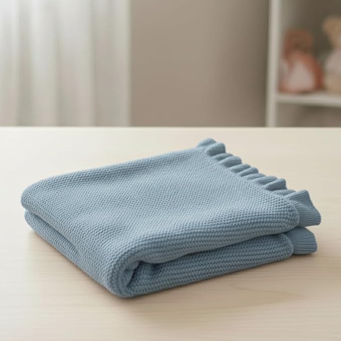 Cotton Baby Blanket with Ruffle Edge Soft Breathable Newborn Blanket for Boys & Girls, Lightweight Knit Throw for Crib, Stroller & Nursery Multiple Colors Available Blue 30x30