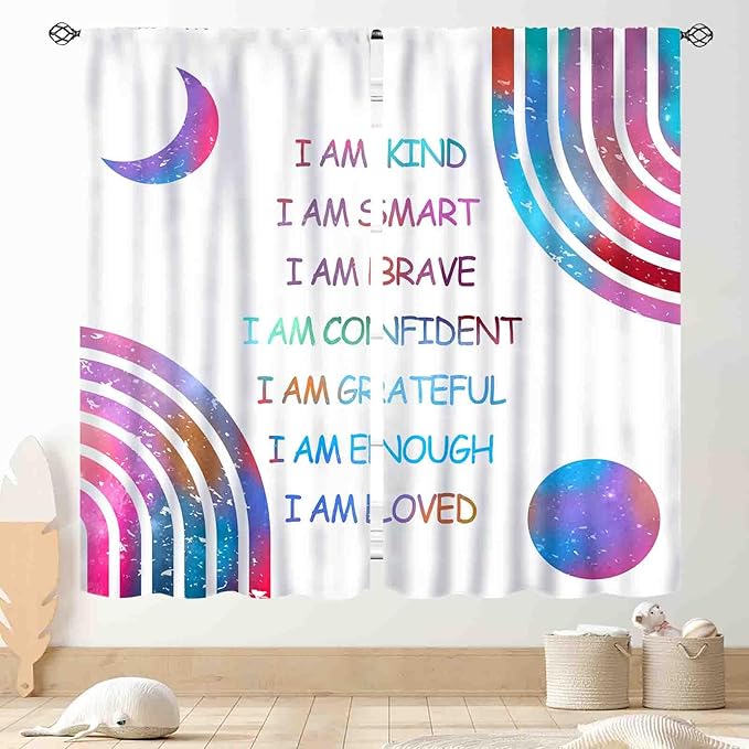 Rainbow Curtains for Girls Bedroom, Boho Rianbow Quotes Inspirational Motivational Positive Colorful Pastel Green Window Drapery for Baby Kids Living Room Toddler Nursery Classroom, 42"x45" Inch