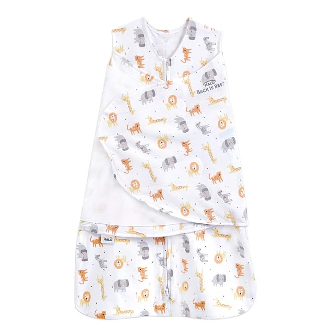 HALO 100% Cotton Sleepsack Swaddle, 3-Way Adjustable Wearable Blanket, TOG 1.5, Jungle Cotton, Small, 3-6 Months