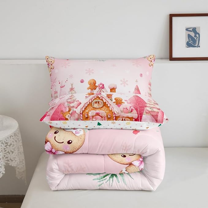 jejeloiu Kids Christmas Theme Comforter Set Twin Size Cute Deer Gingerbread Man Bedding Set for Boys Girls Teens Pink Xmas Tree Candy House Winter Snowflake Duvet Quilt Room Decor