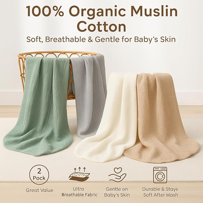 Crib Mattress Sheet Set of 2 Green & Beige, Premium Muslin Cotton, 52x28x9 Fitted Crib Sheets Snugly, Breathable & Soft for Safe Sleep, Stays Smooth After Wash