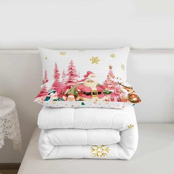 jejeloiu Merry Christmas Comforter Set King Size Santa Claus Bedding Set for Kids Boys Girls Cute Deer Duvet Quilt White Bedroom Decor