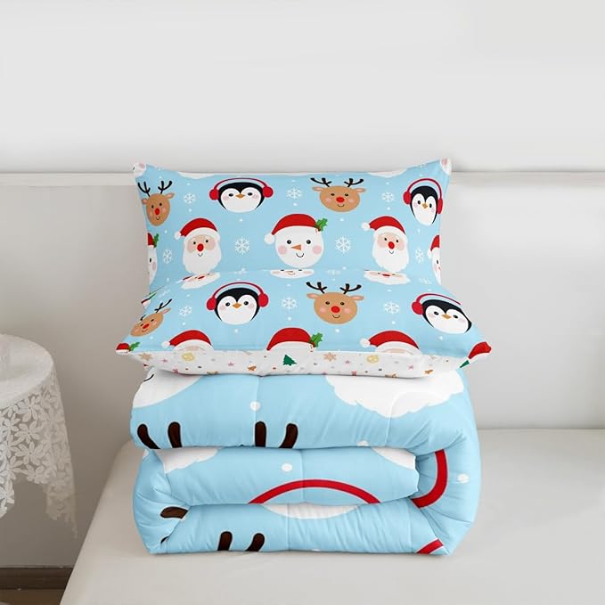 Feelyou Merry Christmas Comforter Set All Season Santa Claus Bedding Set with 1 Pillow Cases Deer Penguin Microfiber Kids Toddler Bedclothes Snowman Bedroom Decor Duvet Quilt Soft Lightweight