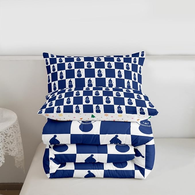 Feelyou Christmas Comforter Set All Season Checkered Bedding Set with 2 Pillow Cases Snowman Kids King Bedclothes Xmas Decorations Bedroom Decor Blue Duvet Quilt Breathable Soft Lightweight
