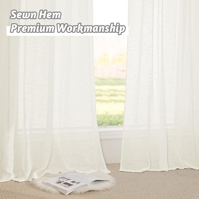 RYB HOME Sheer Curtains for Living Room - Linen Textured Wave Semi Translucent Privacy Light Filtering Drapes for Office Bedroom Patio Door, 52 inch Wide x 96 inches Long, 1 Pair, Cream