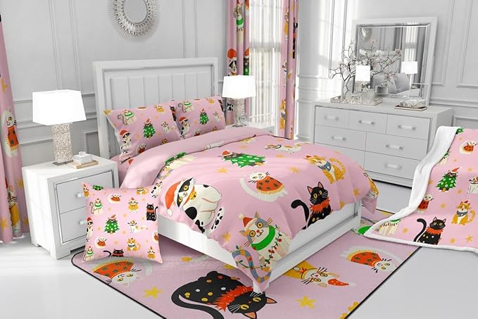 Erosebridal Christmas Decor Quilts Cute Cats Comforter Set King Size for Kids Boys Girls Bedroom Xmas Tree Bedding Set Cartoon Animal Down Comforter with 2 Pillow Cases