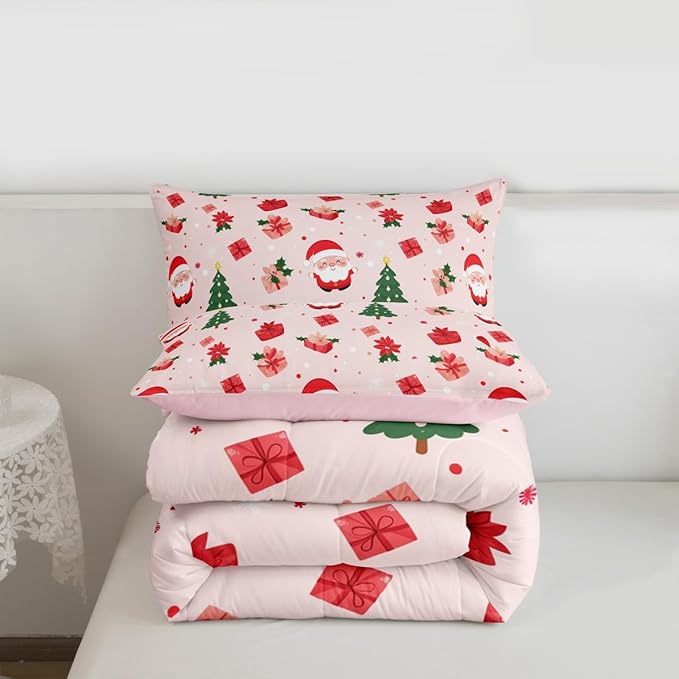 Feelyou Christmas Decor Bedding Set Soft for Boys Girls, Santa Claus Comforter Set Toddler Size Xmas Duvet Quilt Microfiber Christmas Decor Bedroom Decor 2 Pcs with 1 Pillow Cases