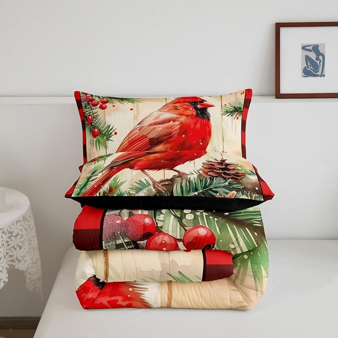 jejeloiu Kids Red Cardinal Comforter Set Queen Size Christmas Red Black Plaid Bedding Set for Boys Girls Teens Xmas Birds Winter Rustic Wood Plank Animal Duvet Quilt Room Decor