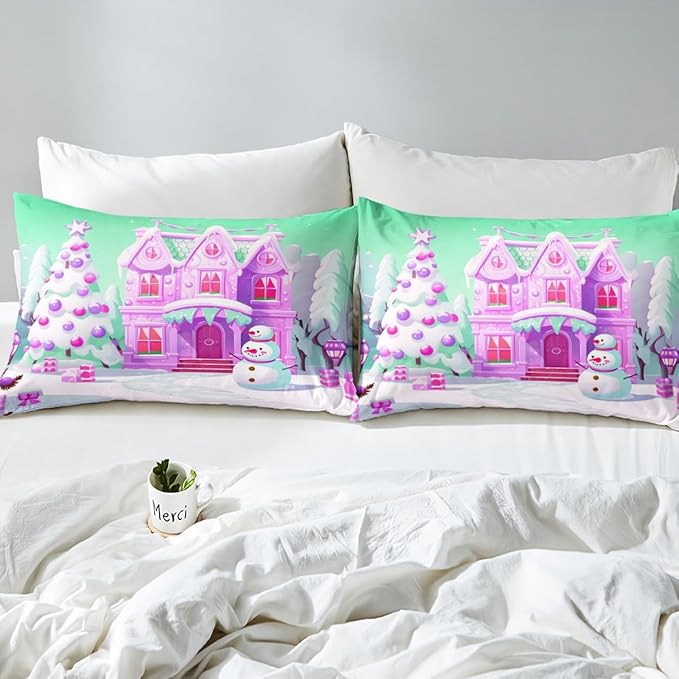 Feelyou Merry Christmas Comforter Cover Set Christmas Tree Snowman Duvet Cover Set for Kids Boys Girls Bedroom Bed Decor Xmas Christmas Purple Bedding Set King Size Soft Quilt Cover,No Comforter