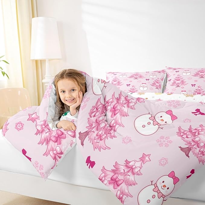 Feelyou Merry Christmas Bedding Set Soft for Boys Girls, Cute Snowman Comforter Set Queen Size Cartoon Bowknot Duvet Quilt Microfiber Christmas Tree 3 Pcs with 2 Pillow Cases