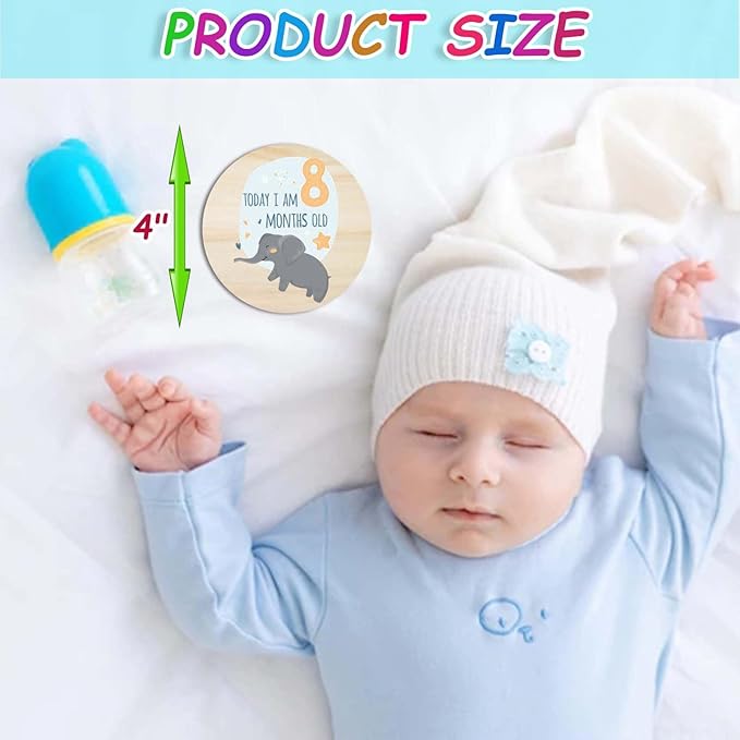 Baby Monthly Milestone Cards for Newborn Girl or Boy,Safari Monthly Baby Milestone Cards Baby Anniversary Signs,Baby Shower Cards Come with Organza Gift Bag (Milestone Wooden Circles)