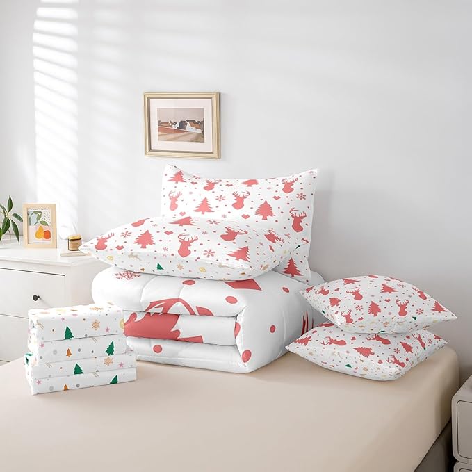 Feelyou Merry Christmas Bed in a Bag for Boys Girls Deer Silhouette Antler Cute Wildlife Bed Set Xmas Tree Snowflake Comforter Set with Sheets Pink Bedding Set Bedroom Collection Twin Size