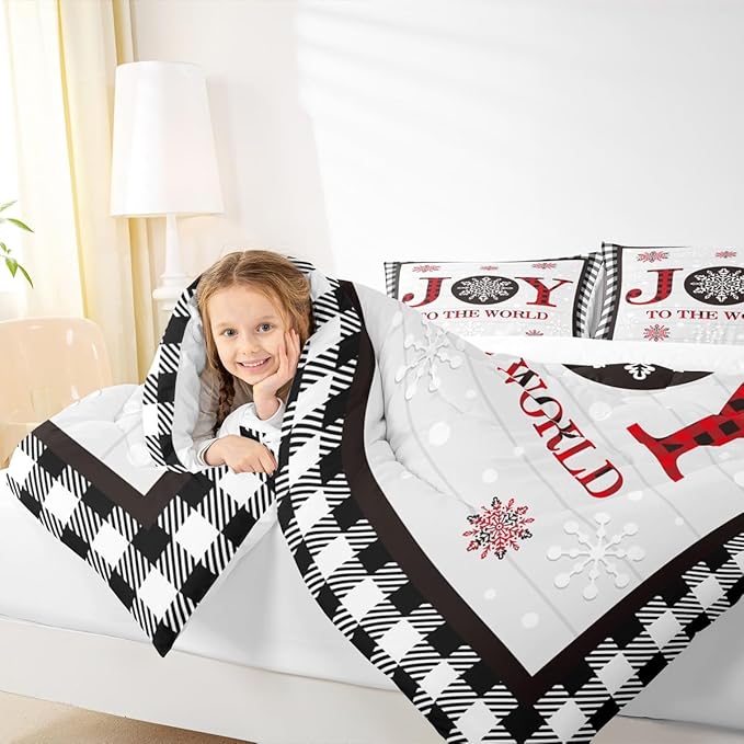 Christmas Snowflake Kids Comforter Set Queen Size,Cottage Plank Bedding,Girls Boys Adults Bedroom/Xmas Cabin Decor,Geometric Grids Stylish Down Comforter,Rustic Farmhouse Duvet Insert,2 Pillowcases